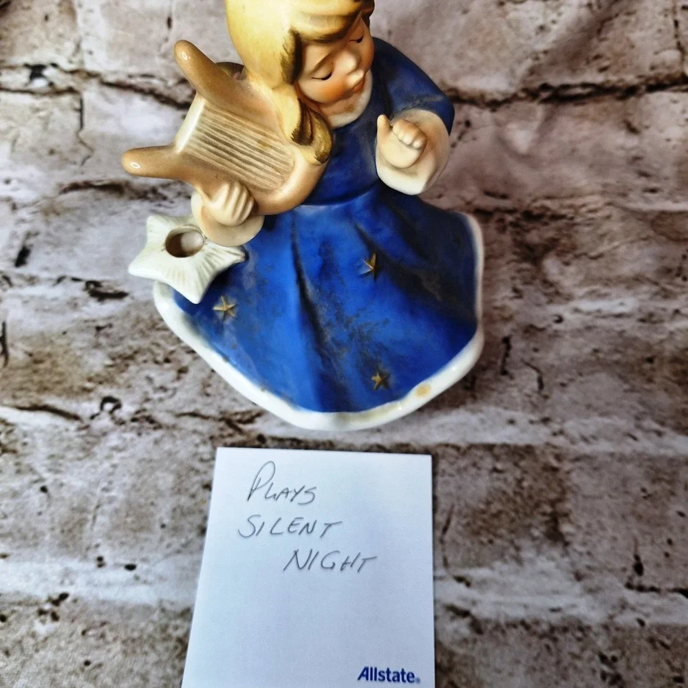 Goebel Nativity Angel 42058 Blue Dress Gold Stars‎ Music Box plays Silent Night